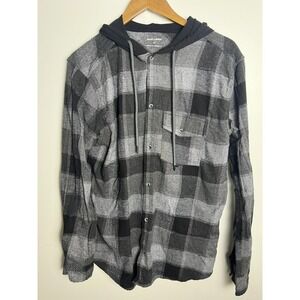 Ocean Current Men XL Hooded Flannel Shirt Grey Black Plaid Button Down Hoodie